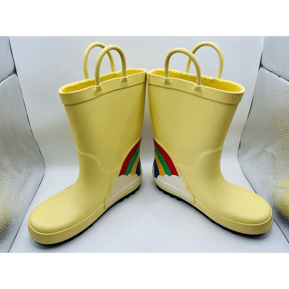 Kids Yellow Rain Boots Rainbow Sunshine Waterproof Rubber Pull On Toddler Sz 11